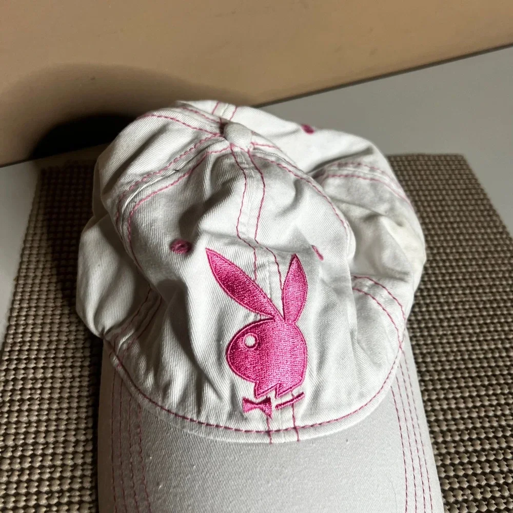 Playboy‎ White Pink Bunny Logo Contrast Stitch Baseball Hat Adjustable Cap